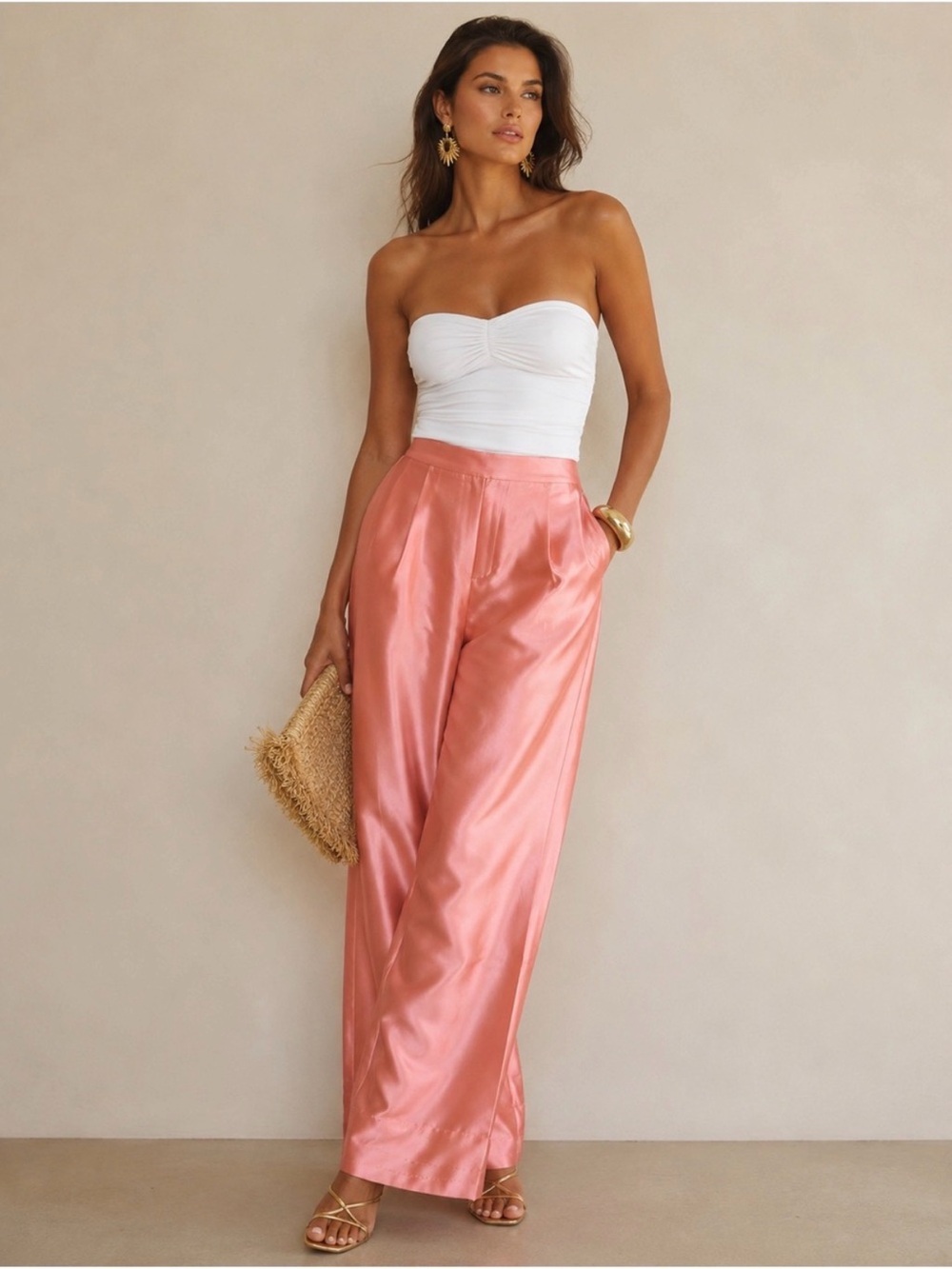 Andrea Iyamah Vasi High Waist Pants Pink Peach Satin Wide Leg Trouser XS 0 2 NWT